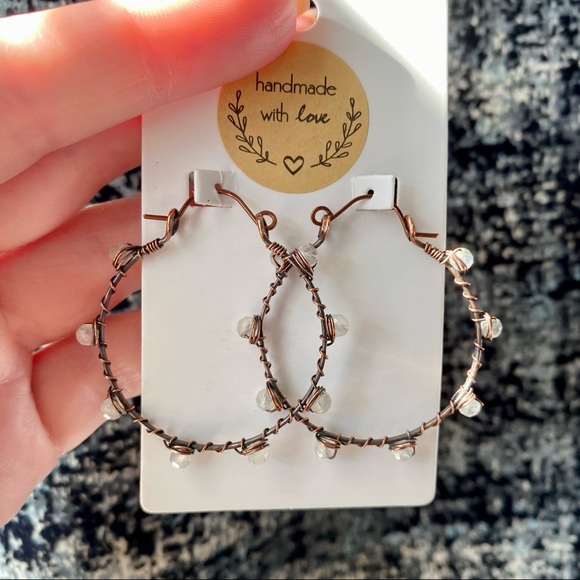 Handcrafted Moonstone + Hammered Copper Hoop Earrings - Picture 9 of 9